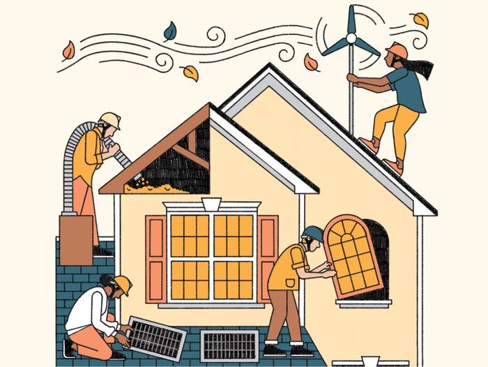 Illustration of people working on a house