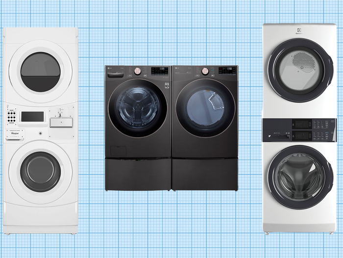 Whirlpool Front Load Washer and Electric Dryer, LG Stackable Smart Front Load Washer and Smart Gas Dryer, and Electrolux Laundry Tower Single Unit isolated on a grid paper background