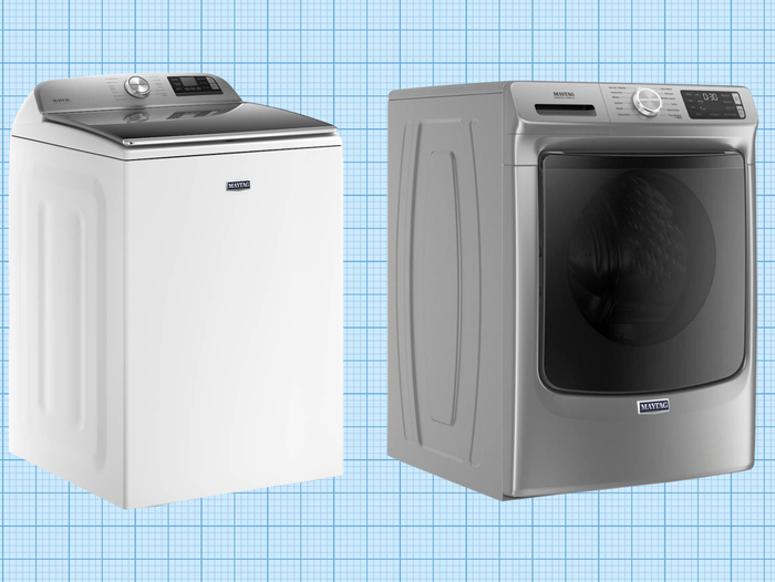 Maytag Smart Top Load Washer with Power Impeller and Maytag Front Load Washer with Fresh Hold isolated on a grid paper background