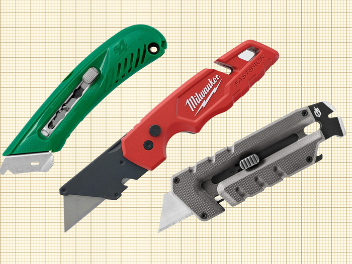 Milwaukee 48-22-1502 Fastback Folding Utility Knife, Pacific Handy Cutter S4R Safety Cutter, and Gerber Gear Prybrid Utility Knife isolated on a grid paper background